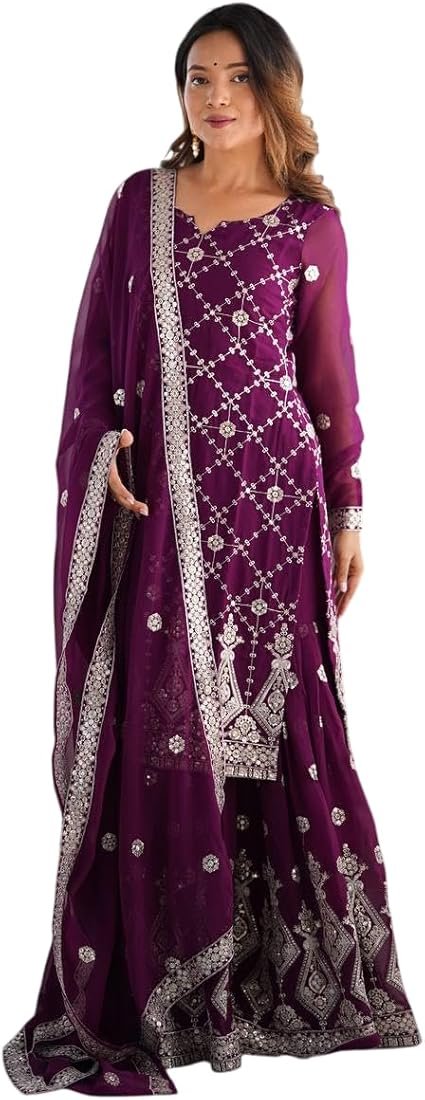 61sOc914SaL._AC_SX425_ Women’s Faux Georgette Sequins & Thread Work Straight Kurta with Sharara Suit and Dupatta Set - Image 1