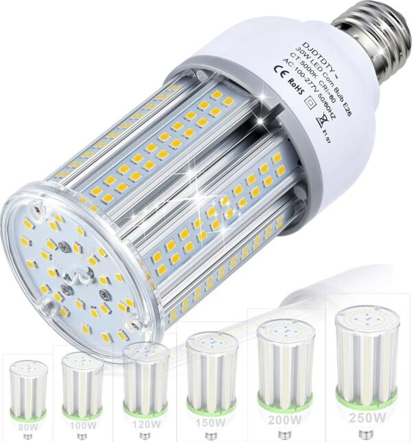 High Brightness LED Corn Light Bulb, 30W (5000 Lumens), 5000K Cool Daylight, E26/E27 Base, 360° Wide Beam for Indoor & Outdoor Use